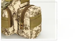 Tactical waist bag detail showing digital camo fabric, side pockets, and phone holder