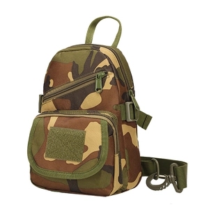 Macro detail of camouflage tactical sling bag with high-density nylon and rugged zippers