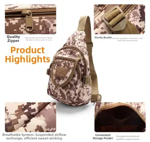 Detail view of camouflage tactical chest bag showing high-strength zippers and buckles