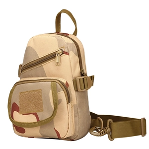 Detail view of desert camo tactical chest bag showing durable nylon and zipper pockets
