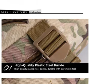 Detail view of high-strength POM buckle and scratch-resistant camo webbing on tactical bag