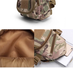 Multi-compartment camo tactical pouch showing interior storage for phone and tablet