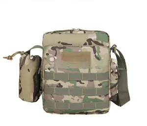 Detailed view of CP camouflage tactical shoulder bag with side water bottle holder
