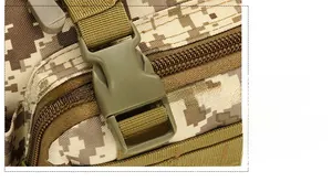 Detail of the tactical waist bag featuring a digital camouflage pattern and top buckle clip