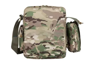 Macro detail of CP Camouflage tactical crossbody bag with modular drawstring bottle pouch