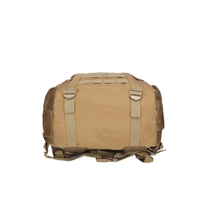 Tactical Oxford backpack bottom view showing reinforced straps and khaki outdoor fabric