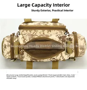 Detail of tactical waist bag showing mesh compartments and large interior storage