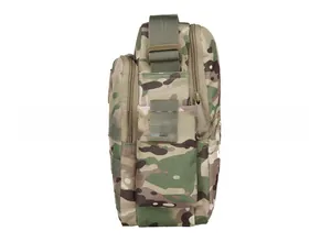 Tactical camouflage shoulder bag with side zipper pockets and nylon webbing details