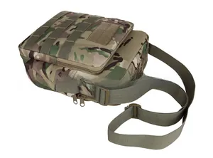 Detailed view of MultiCam tactical sling bag with Molle system and velcro panel