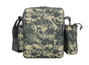 Tactical camo shoulder bag featuring a side drawstring water bottle holder and durable strap
