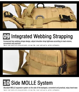 Detail des Khaki-Taktikrucksacks mit MOLLE-System und verstellbaren Kompressionsriemen
