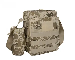 Detailed view of desert digital camouflage tactical bag with detachable water bottle pouch