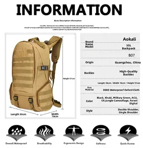 Détails techniques du sac à dos tactique 35L en tissu oxford 800D imperméable et résistant
