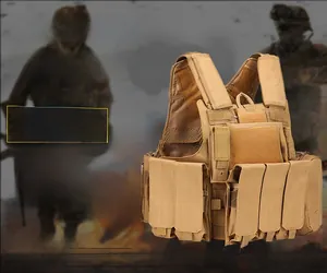 Close-up of khaki tactical chest rig showing multiple mag pouches and oxford cloth detail