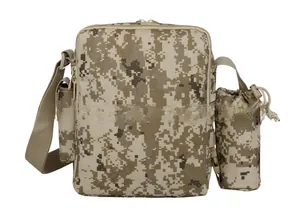 Detailed view of digital camouflage tactical shoulder bag with side water bottle pouch