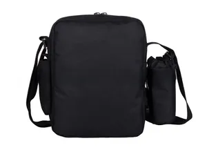 Detail of black tactical oxford shoulder bag featuring side water bottle holder
