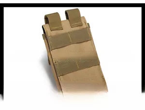 Detail view of khaki tactical Molle pouch with sturdy mounting straps and metal buttons