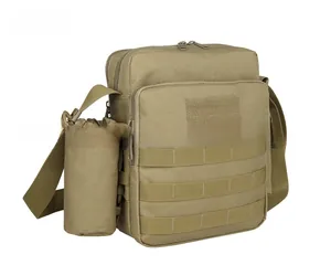 Tactical coyote tan shoulder bag with integrated MOLLE system and water bottle holder pouch