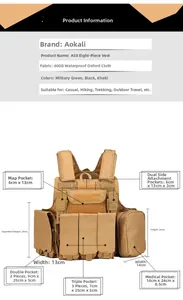 Detail view of khaki tactical vest with labeled pouches made of 600D waterproof oxford fabric