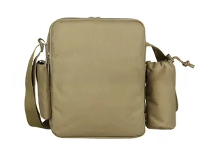 Tactical shoulder bag in khaki nylon featuring a side drawstring water bottle holder