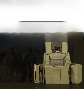 Detail view of army green tactical vest showing Molle system pouches and nylon texture