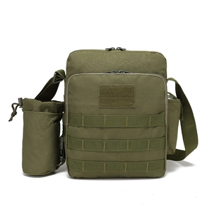 Detail view of military green tactical crossbody bag with MOLLE webbing and bottle pouch
