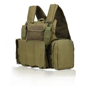 Detail view of army green tactical vest featuring functional pockets and mesh back