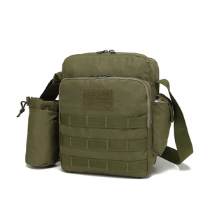 Detail view of military green tactical sling bag featuring MOLLE system and side bottle pocket