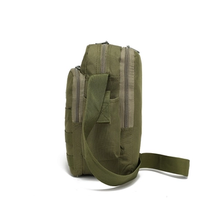 Tactical military green oxford crossbody bag with MOLLE webbing and triple zipper layers