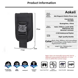 Size chart for MOLLE tactical pouch showing dimensions 11x2x19cm and 800D nylon features