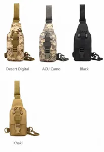 Tactical chest bag color options in Desert Digital, ACU Camo, Black, and Khaki finishes
