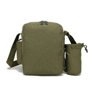 Detail of army green tactical shoulder bag featuring detachable drawstring water bottle pouch