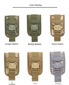 Tactical MOLLE phone pouch in khaki, olive green, and camo patterns for outdoor sports