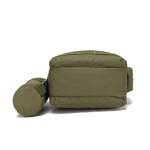 Detail view of durable military green tactical MOLLE pouch and detachable bottle bag
