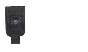 Detail of black tactical MOLLE phone pouch with durable buckle and nylon webbing