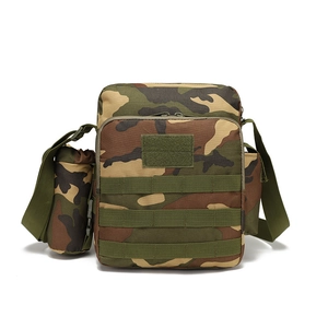 Tactical camouflage shoulder bag featuring side water bottle pouch and durable oxford cloth