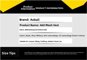 Gedetailleerde specificaties van het A60 mesh tactisch vest van 800D waterdicht oxford doek