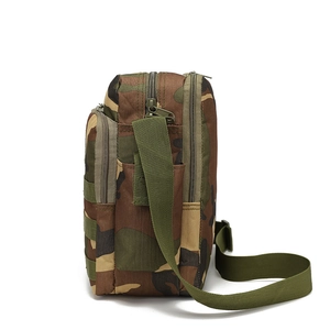 Detailed side profile of camouflage tactical sling bag with MOLLE webbing and zippers