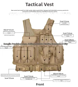 Vooraanzicht van het kaki tactische vest met MOLLE-systeem en diverse praktische opbergzakken