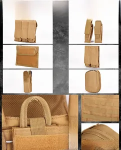 Detail view of Coyote Brown tactical vest MOLLE pouches and durable nylon accessory bags