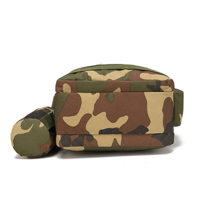 Detail of waterproof tactical oxford bag in jungle camo with detachable bottle pouch