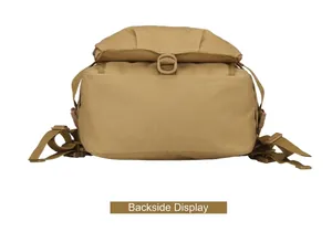 Rear view of tan tactical backpack with MOLLE system and durable nylon straps for hiking