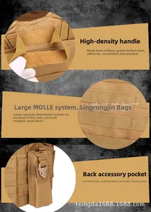 Detail of tan tactical vest with reinforced handle, MOLLE system and military oxford fabric