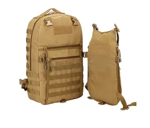 Detail of khaki tactical backpack with MOLLE system and detachable accessory pouch