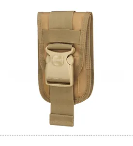 Detail of khaki tactical MOLLE phone pouch showing nylon texture and durable buckle closure
