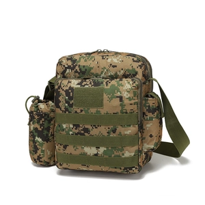 Detail of digital camouflage tactical bag featuring MOLLE system and side water bottle pocket