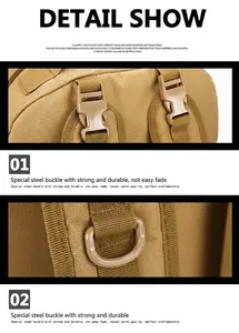 Detailed view of high-strength plastic buckles and D-rings on tan tactical backpack