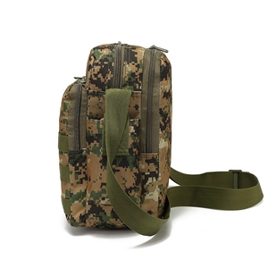 Side view of tactical digital camouflage crossbody bag showing MOLLE system and three zippers