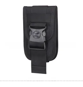 Detail of black tactical nylon phone pouch with heavy-duty plastic buckle and MOLLE webbing