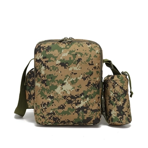 Detail of outdoor tactical shoulder bag with digital camouflage and detachable water bottle pouch